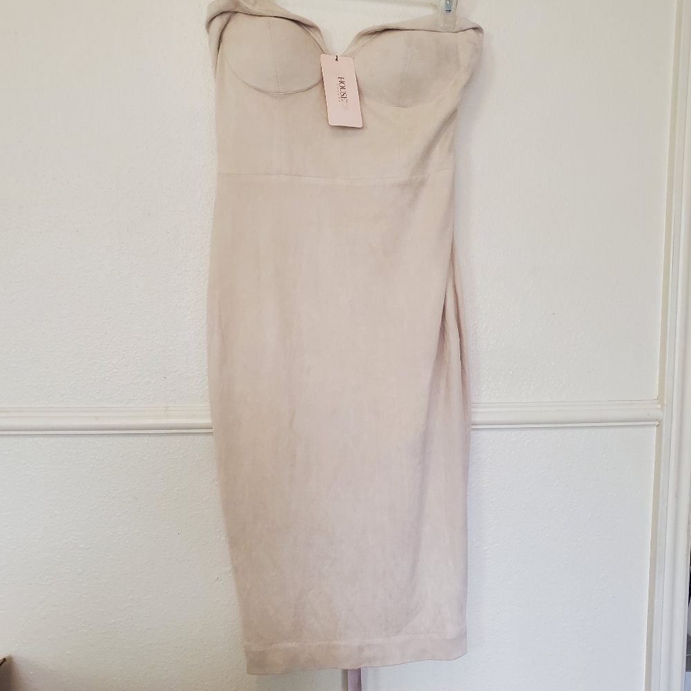 House Of CB London Dress Women's PIA Strapless Suede Beige Off White New w/ Flaw